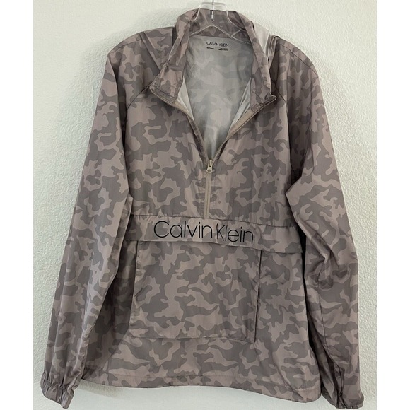 Calvin Klein Gray Camo Print Pullover Windbreaker Jacket Half-Zip Hooded XXL - Picture 1 of 9